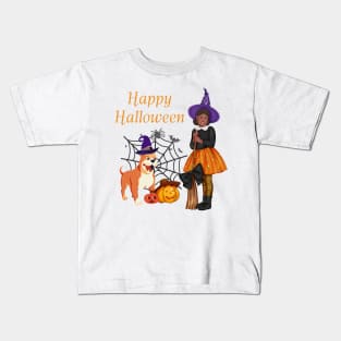 Halloween witch with her cute bulldog Kids T-Shirt